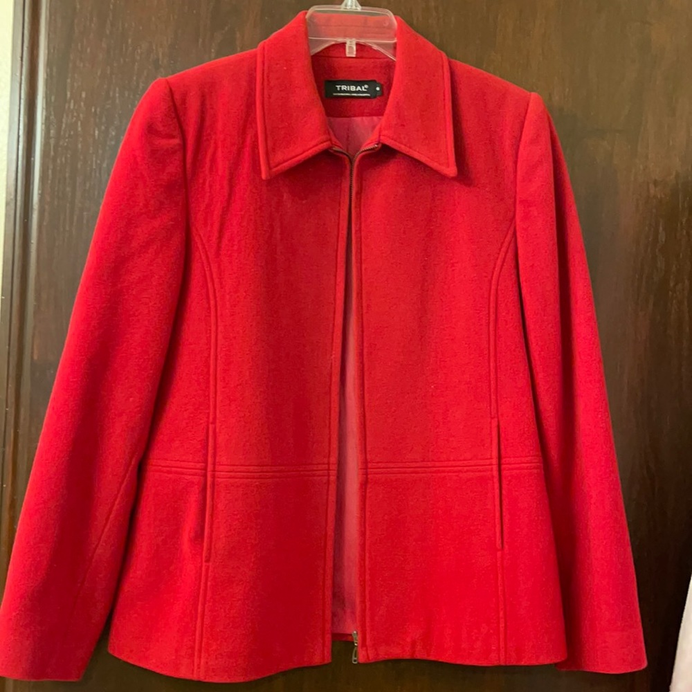 Red Wool Zip Front Blazer, Jacket - image 1